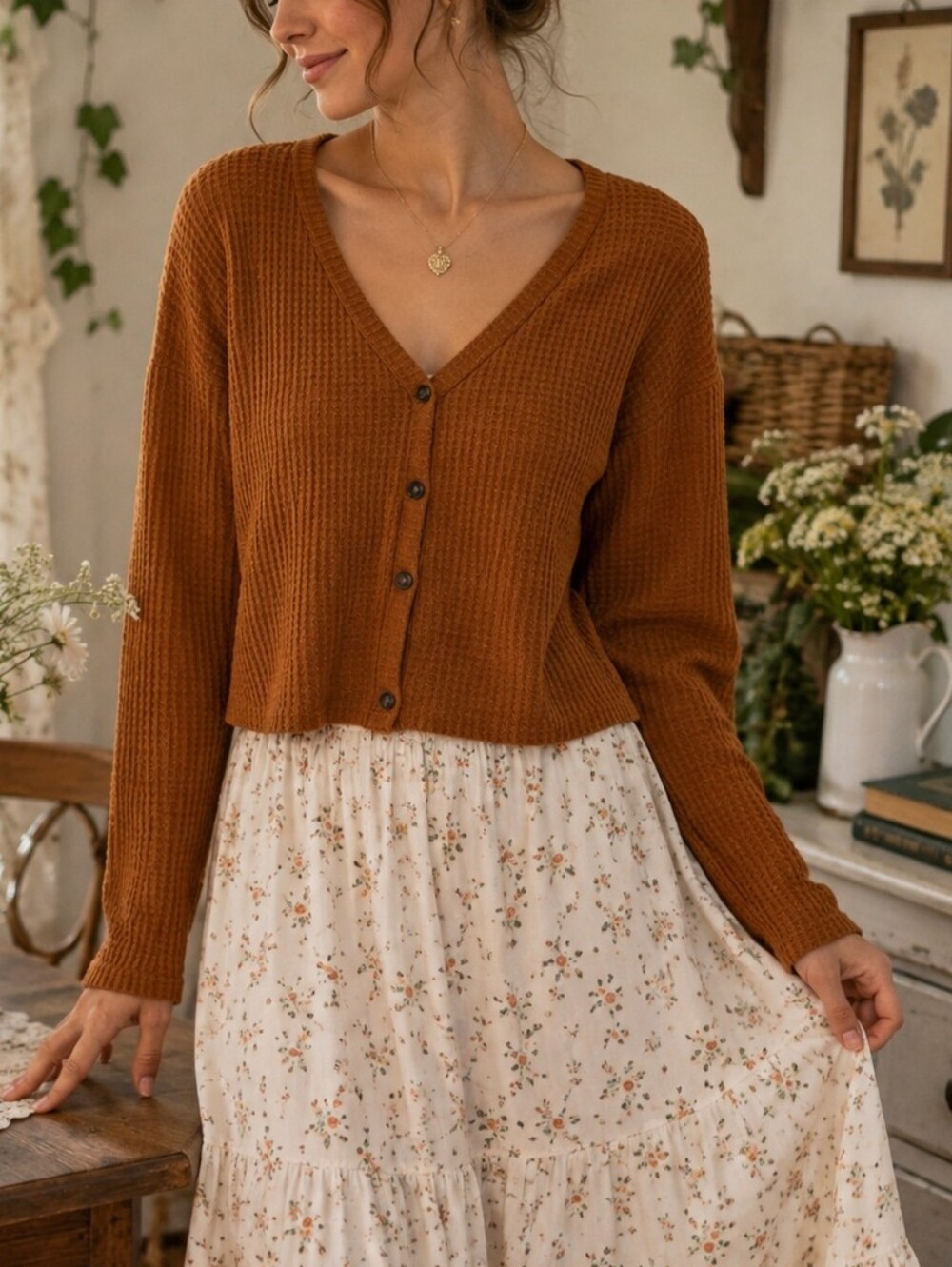Caution To The Wind Waffle Knit V-Neck Cardigan M